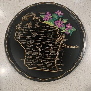 Wisconsin Souvenir Vintage Black Metal Wisconsin Souvenir Plate With Map Cities
